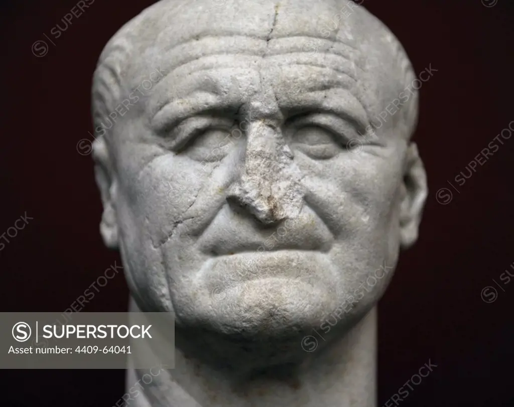 Vespasian (Titus Flavius Vespasianus) (9-79). Roman Emperor (69-79). Founder of the Flavian dynasty. Bust. Marble. 70 A.C. From Naples. Carlsberg Glyptotek Museum. Copenhagen. Denmark.