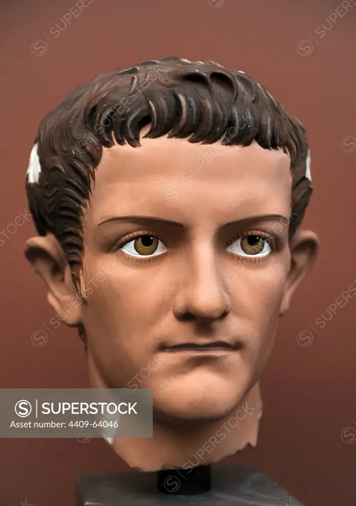 Caligua (Gaius Julius Caesar Augustus Germanicus). (12-41 AD). 3rd roman emperor. Julio-Claudian dynasty. Portrait head for Caligula. Modern reconstruction. Ny Carlsberg Glyptotek. Copenhagen, Denmark.