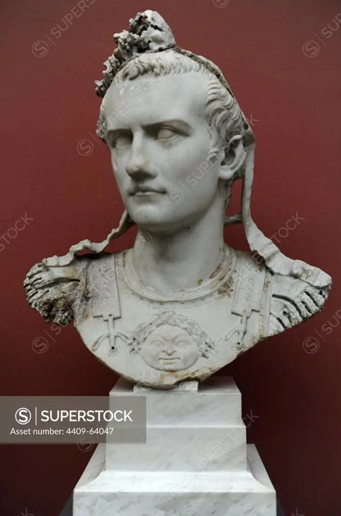 Caligua (Gaius Julius Caesar Augustus Germanicus). (12-41 AD). 3rd roman emperor. Julio-Claudian dynasty. Bust of emperor with armor. Rome, 37-41 AD. Marble. Ny Carlsberg Glyptotek. Copenhagen, Denmark.