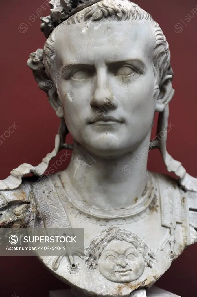 Caligua (Gaius Julius Caesar Augustus Germanicus). (12-41 AD). 3rd roman emperor. Julio-Claudian dynasty. Bust of emperor with armor. Rome, 37-41 AD. Marble. Ny Carlsberg Glyptotek. Copenhagen, Denmark.