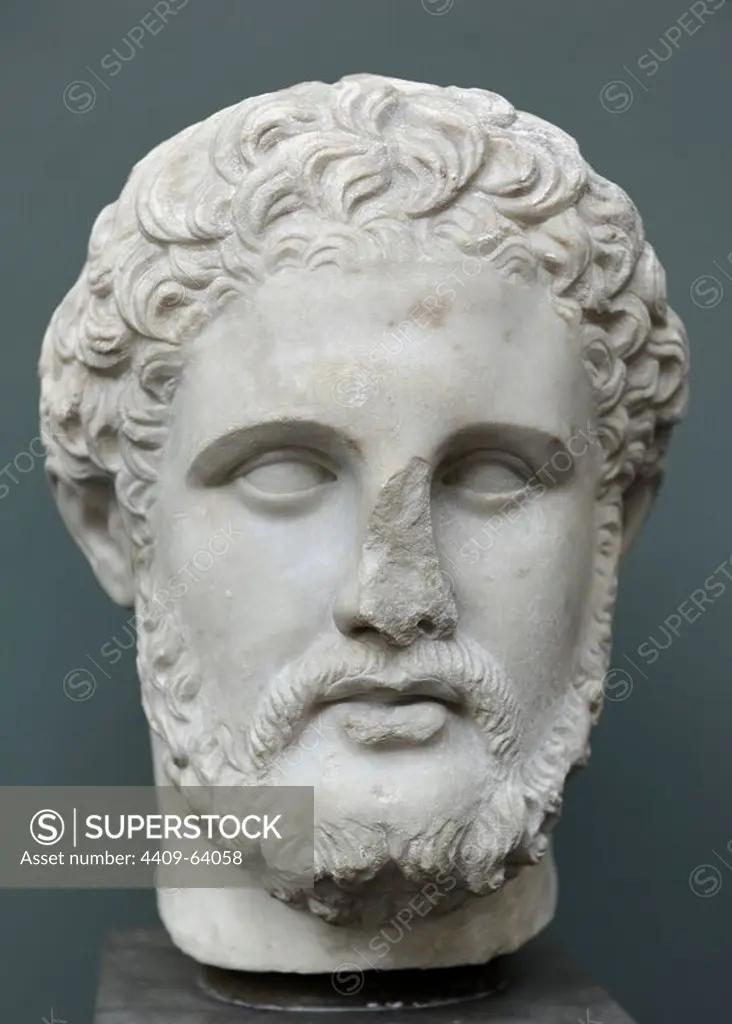 Philip II of Macedon (382-336 BC). King of the Ancient Greek Kingdom of Madedom from 359 -336 BC. Bust. Marble. From Anatolia. Roman work after original of about 4th century BC. Ny Carlsberg Glyptotek. Copenhagen, Denmark.