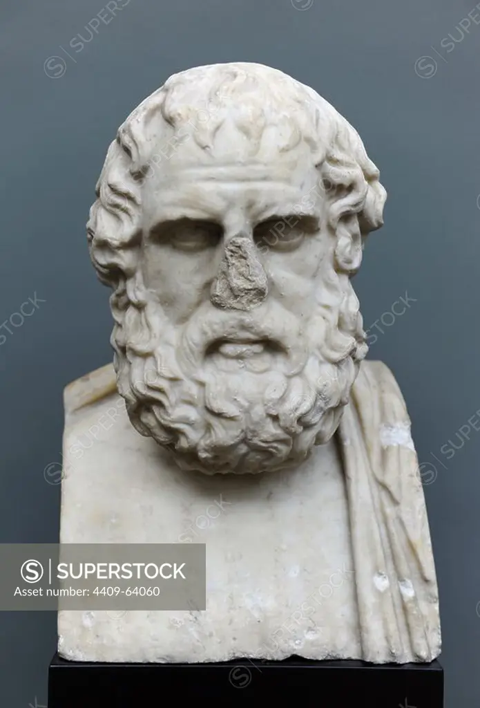 Euripides (480-406 BC). Was a tragedian of classical Athens. Bust. Roman copy of a Greek original (270 BC). Ny Carlsberg Glyptotek Museum. Copenhagen. Denmark.