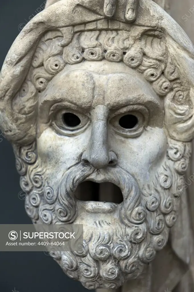 Tragedy mask. Detail of the Melpomene's statue, Muse of singing and Tragedy. Roman statue. 2nd century AD. Marble. From Monte Calvo. Italy. Ny Carlsberg Glyptotek. Copenhagen, Denmark.