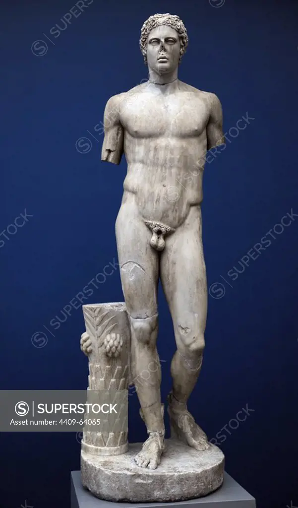 Hermes. Olympian god. Emissary and messenger of the gods. Statue. Marble. From Italy. Roman copy 150 AD) after original of about 270 BC. Ny Carlsberg Glyptotek. Copenhagen, Denmark.