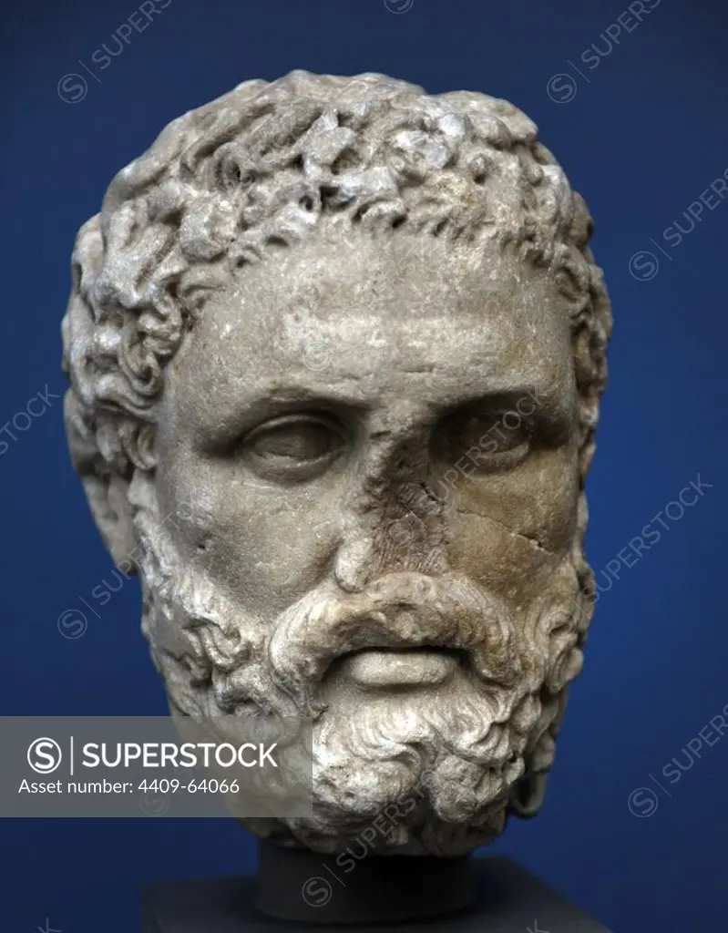 Heracles. Roman equivalent, Hercules. Divine hero in Greek mythology. Head. Marble. Roman sculpture. 1st century AD. From Tusculum, Italy. Ny Carlsberg Glyptotek. Copenhagen, Denmark.