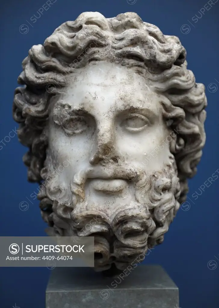 Zeus. Rome. Late 2nd century AD. Marble. The long hair and curly beard belong to one of the father gods. Traces of red colour in the hair and beard show that the statue was painted. Ny Carlsberg Glyptotek. Copenhagen, Denmark.
