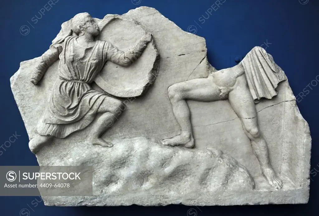 Relief with Amazonomachy. Athens, Greece. 2nd century AD. Marble. An Amazon wearing a short tunic and helmet is in combat with a naked Greek in a rocky landscape. Ny Carlsberg Glyptotek. Copenhagen, Denmark.