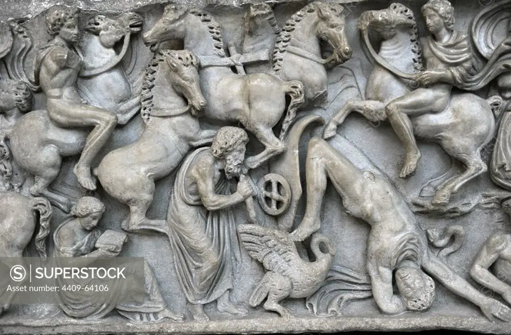 Roman Art. Sarcphagus Chest with the Phaeton Myth. Detail. The fall of Phaeton. Found in Ostia. Late 2nd cent. AD. Marble. Ny Carlsberg Glyptotek. Copenhagen. Denmark.