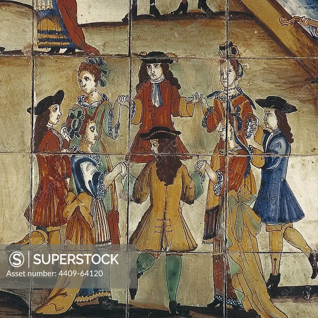 Banquet, dance scene. Detail of a ceiling tile from the eighteenth century Teia (Barcelona).