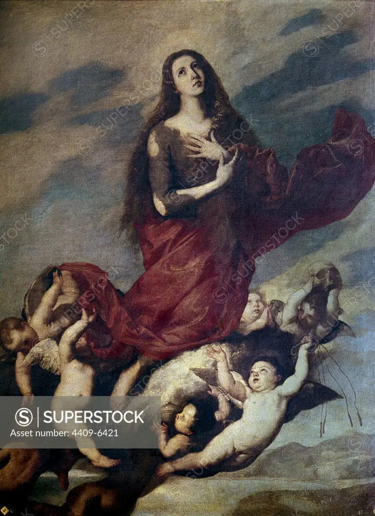 'The Assumption of Mary Magdalene', 1636, Oil on canvas, 256 x 193 cm. Author: JUSEPE DE RIBERA. Location: ACADEMIA DE SAN FERNANDO-PINTURA. MADRID. SPAIN. MARY MAGDALENE. MAGDALENA PENITENTE.