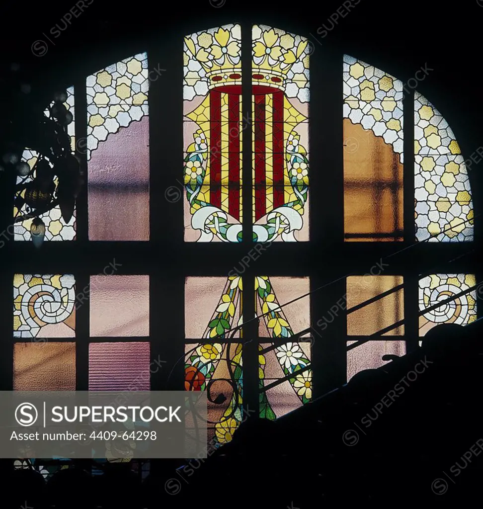 Stained glass window of the "Palau de la Música", 1908. Modernism. Barcelona. Domenech i Montaner. Author: LLUIS DOMENECH I MONTANER.