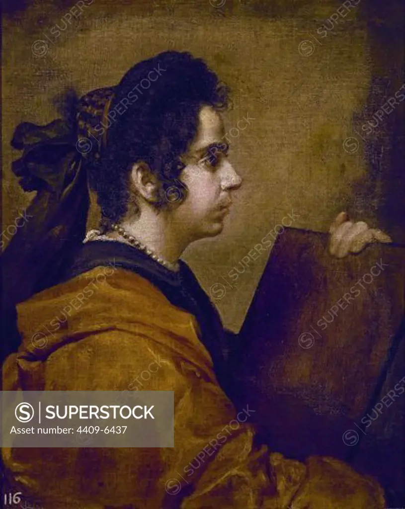 Portrait presumed to be Juana Pacheco as a Sibyl - 1631 - 62x50 cm - oil on canvas - Spanish Baroque - NP 1197. Author: VELAZQUEZ, DIEGO. Location: MUSEO DEL PRADO-PINTURA, MADRID, SPAIN. Also known as: UNA SIBILA- ¿JUANA PACHECO.