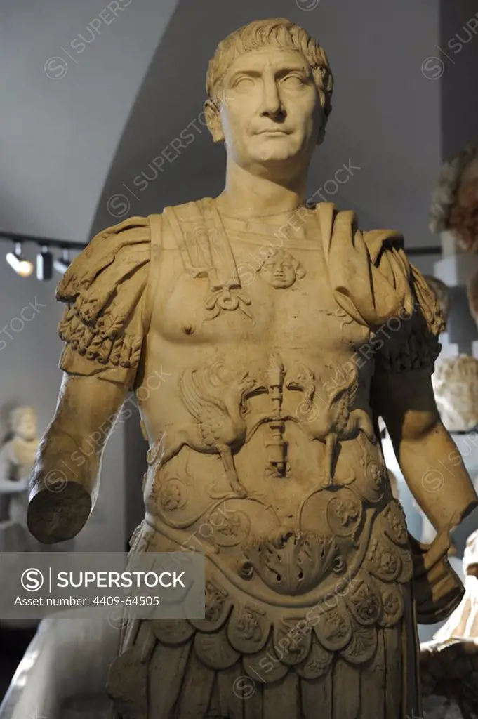 Trajan (53-177 A.D.). Roman Emperor from 80 to 117 A.D. Sculpture. Ny Carlsberg Glyptotek. Copenhagen. Denmark.
