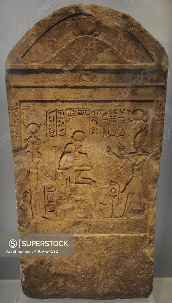 Egyptian Art. Ptolemaic period (332-30 BCE). Stele. King sacrificing to Isis and Serapis. Relief. Ny Carlsberg Glyptotek. Copenhagen. Denmark.