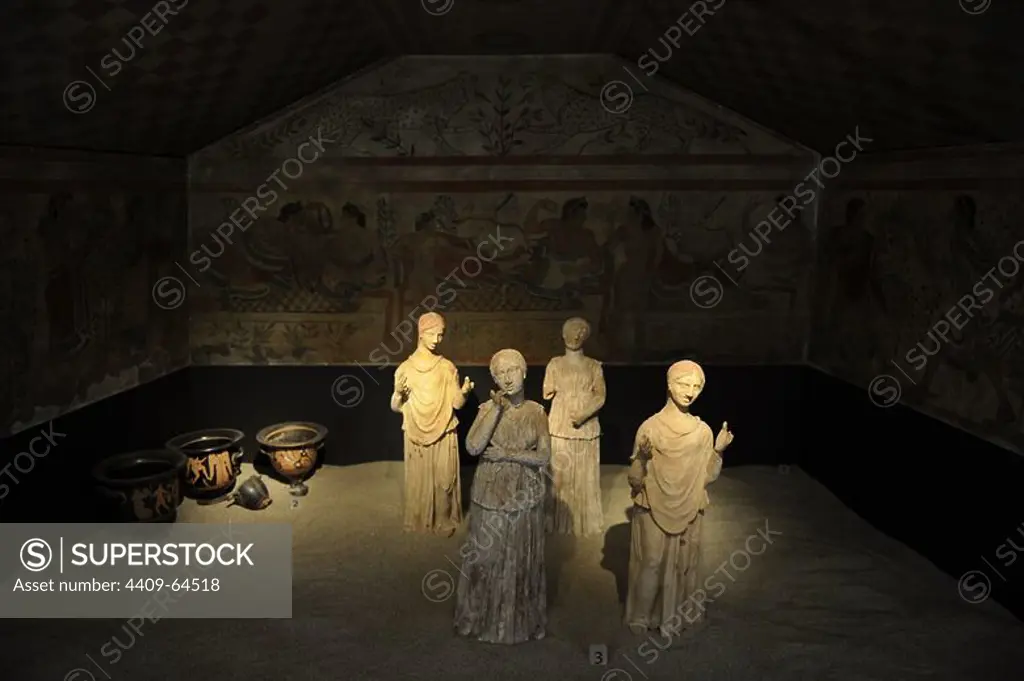 Etruscan Art. Reconstruction of the Tomb of the Leopards in Tarquinia, C. 460 B.C. Walls and ceiling are copies (made in 1898) of the original wall paintings. Drinking cup and bowls for wine and water. 4th century B.C. Mouring women. 3rd century B.C. Ny Carlsberg Glyptotek. Copenhagen. Denmark.