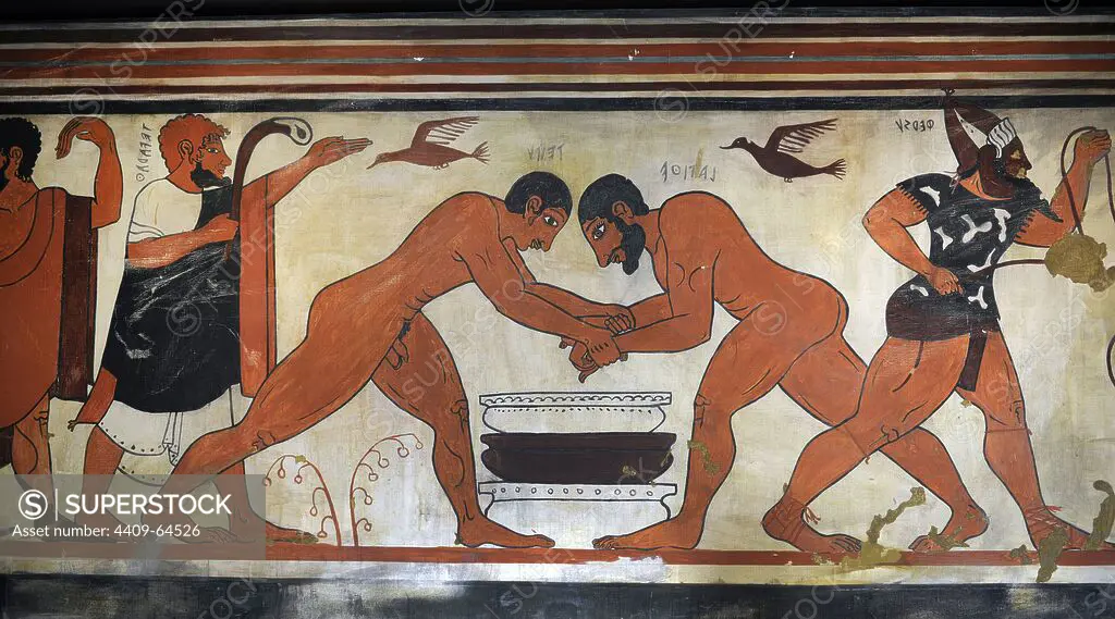 Etruscan Art. Italy. Tarquinia. Tomb of the Augurs, c.530 BC. Copy of tomb painting. Ny Carlsberg Glyptotek. Denmark.