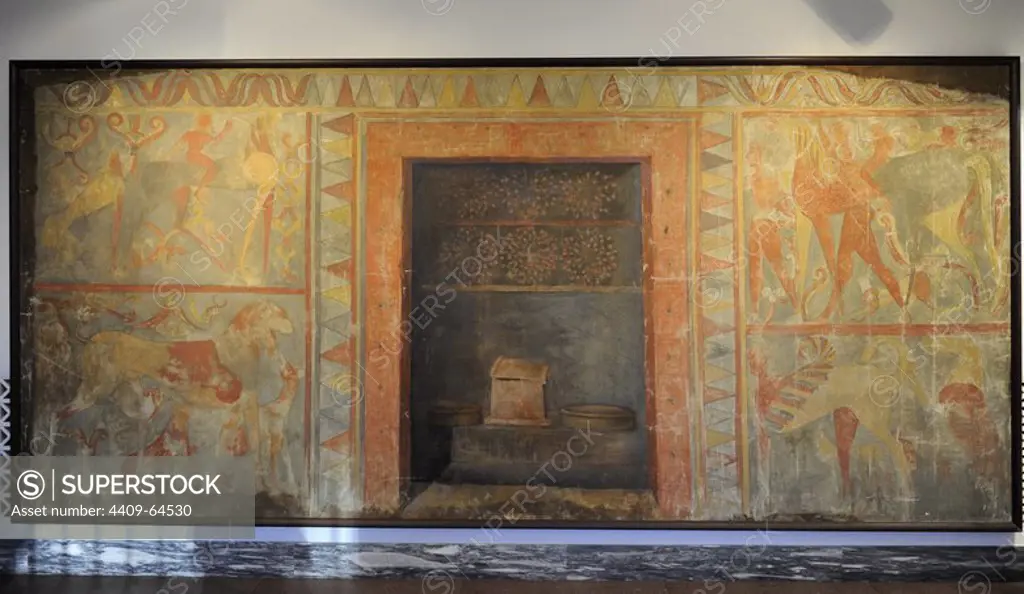 Etruscan Art. Veji, the Campana Tomb. Copy of tomb painting. Colourful frescoes decorated the walls from door to ceiling. 600 BC. Ny Carlsberg Glyptotek. Denmark.