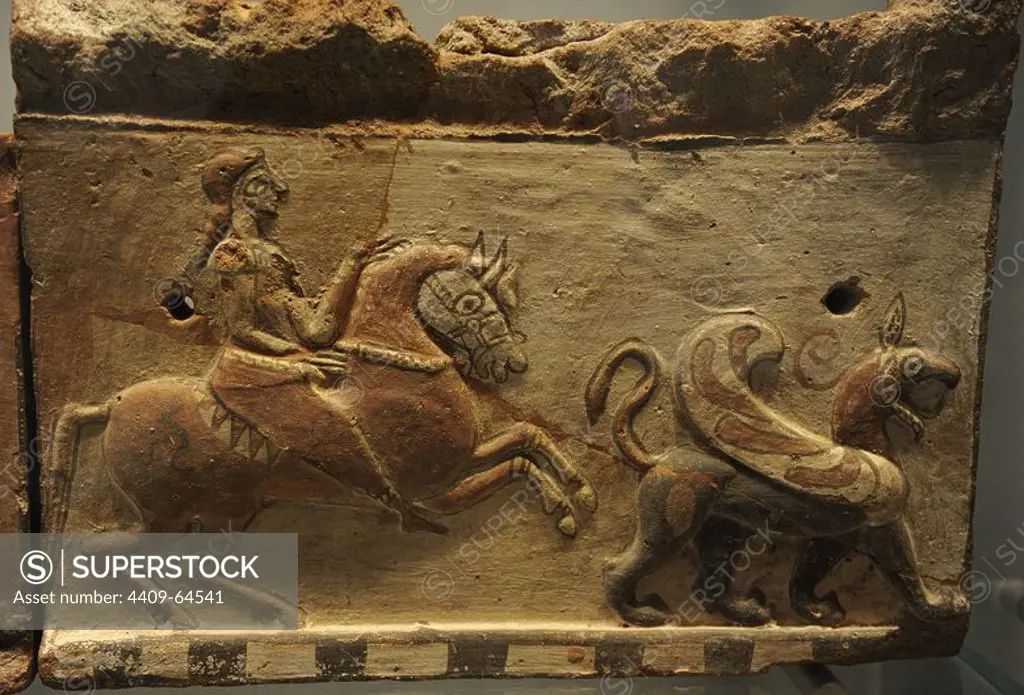 Ancient Art. Mediterranean Area. Roof construction. Ornamental tile depicting a horseman and a griffin. Terracotta. Ny Carlsberg Glyptotek. Copenhagen. Denmark.