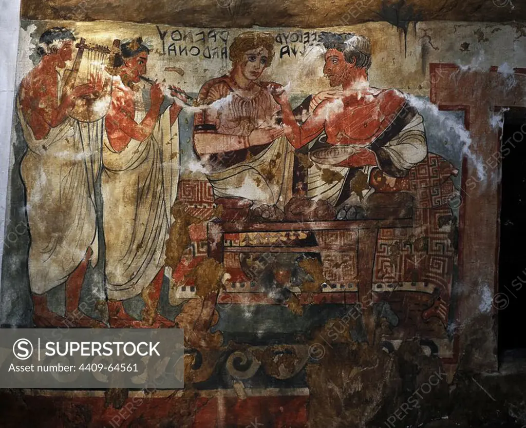 Etruscan Art. Copy of Etruscan wall painting. Tempera on canvas 1900. Tomb of the Shields. Tarquinia, Italy c. 350 BC. Velhur Velcha and his wife, Ravnthu Aprthnei. Ny Carlsberg Glyptotek. Denmark.