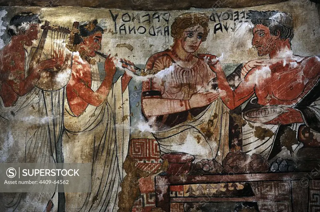 Etruscan Art. Copy of Etruscan wall painting. Tempera on canvas 1900. Tomb of the Shields. Tarquinia, Italy c. 350 BC. Velhur Velcha and his wife, Ravnthu Aprthnei. Ny Carlsberg Glyptotek. Denmark.