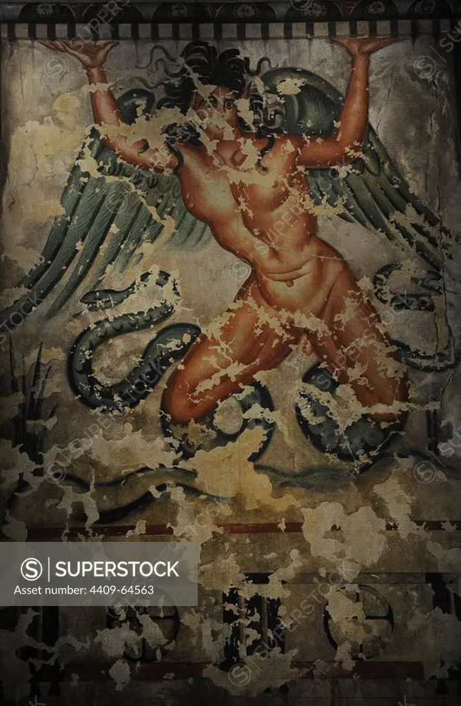 Etruscan Art. Copy of Etrucan wall painting. Tempera on canvas 1900. Tomb of Typhon, Tarquinia, C. 200 BC. Etruscan demon of the Underworld. Ny Carlsberg Glyptotek. Denmark.