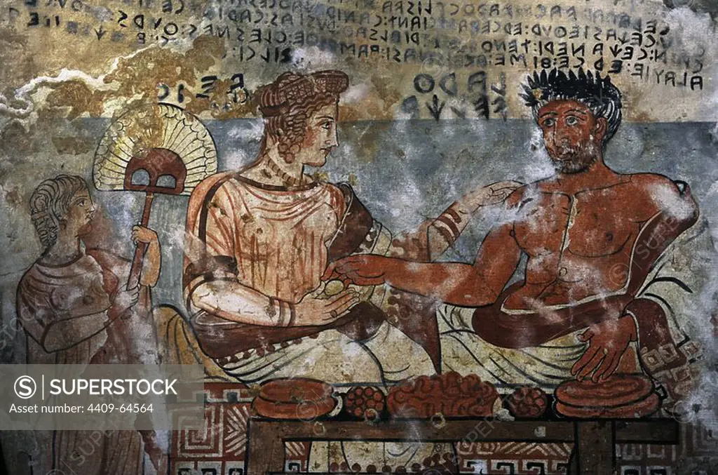 Etruscan Art. Copy of Etruscan wall painting. Tempera on canvas 1900. Tomb of the Shields. Tarquinia, Italy c. 350 BC. Larth Velcha and his wife, Velia Seitithi. Ny Carlsberg Glyptotek. Denmark.