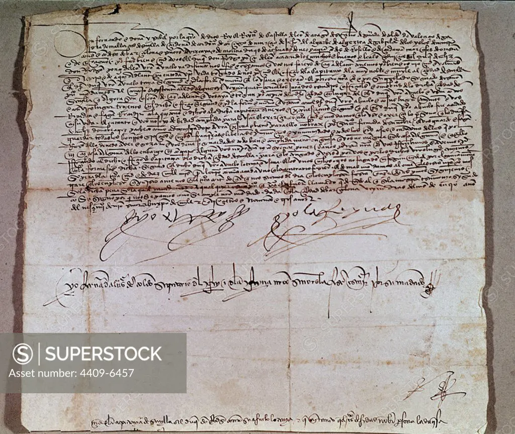 Privilege granted to Juan Ponce de Leon by the Catholic Kings of Spain. 1493. Madrid, National Historical Archives. Location: ARCHIVO HISTORICO NACIONAL-COLECCION. MADRID. SPAIN.