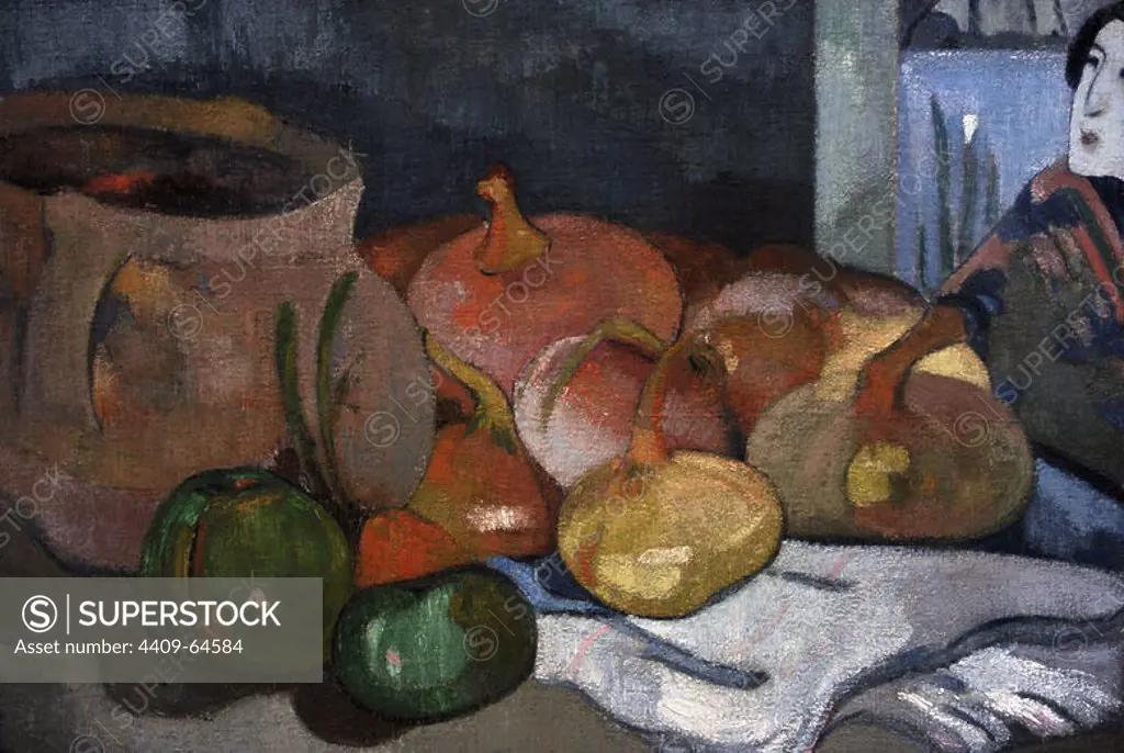 Paul Gauguin (1848-1903). French Post-Impressionist painter. Still Life with Onions and Japanese Woodcut, ca. 1889. Oil on canvas (40,5 x 51,5 cm). Ny Carlsberg Glyptotek. Copenhagen, Denmark. Author: Paul Gauguin (1848-1903). French artist.