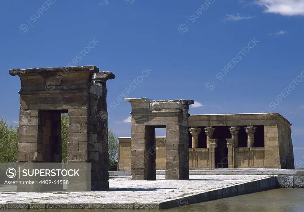 Spain. Madrid. Temple of Debod. Ancient Egyptian temple which was dismantled and rebuilt in Madrid in 1968. From southern Egypt, near Aswan. Built 200 BC. West Park.