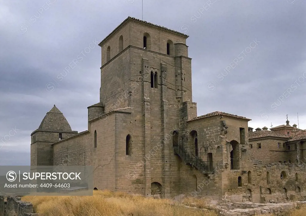 Spain. Aragon. Alcaniz. Los Calatravos castle. 12th century. castle-convent. Romanesque and Gothic style. Order of Calatrava. Parador of tourism.