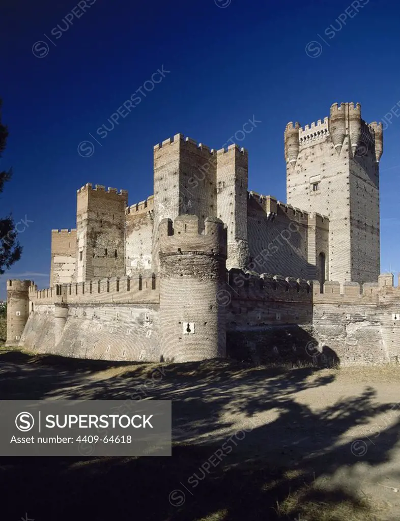 Spain. Castile-Leon. Medina del Campo. Castle of the La Mota. Reconstructed medieval fortress. Gothic military architecture with Moorish elements. Outside view.