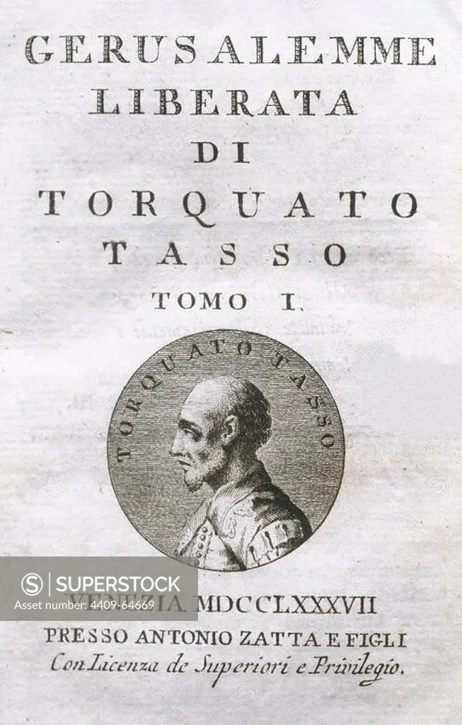 Torquato Tasso (1544-1595). Italian poet. Gerusalemme Liberata (Jerusalem Delivered), 1581. Epic poem. Cover. Medallion with portrait. Venetian edition, 1788.