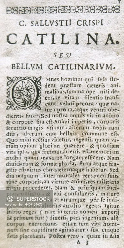 SALUSTIO CRISPO, Cayo (Caius Salustius Crispus) (Amiterno, h.86-35 a.C.). Historiador romano. "LA CONJURACION DE CATILINA". Inicio de la obra. Edición del año 1671.