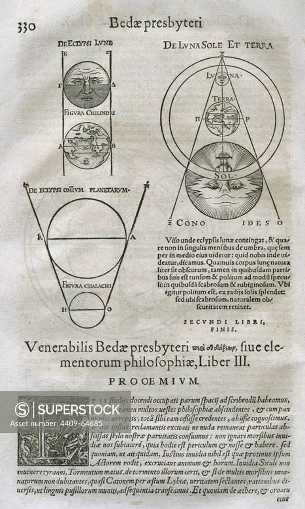 BEDA VENERABLE (673-735) English polygraph monk. End of the work "De Elementis philosophia, Lib. II", and beginning of Liber III. Work published in Basel in 1563.