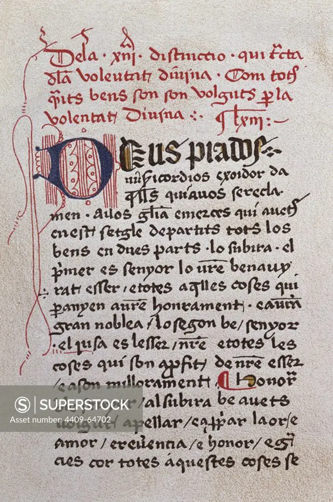 FILOSOFIA CATALANA-S. XIII RAMON LLULL (1233/35-1315/16). Filósofo místico y literato. "LLIBRE DE CONTEMPLACIO EN DEU" (De la XIII distinció qui tracta de la voluntat divina). Fragmento de un manuscrito en Mallorca del siglo XV (facsímil) .
