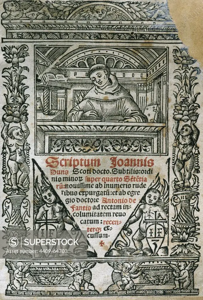DUNS ESCOTO, Johanes (Maxton 1266-Colonia 1308). Monje y filósofo franciscano escocés. Portada del libro "SCRIPTUM SUPER QUARTO SENTENTIARUM". Edición de 1530.