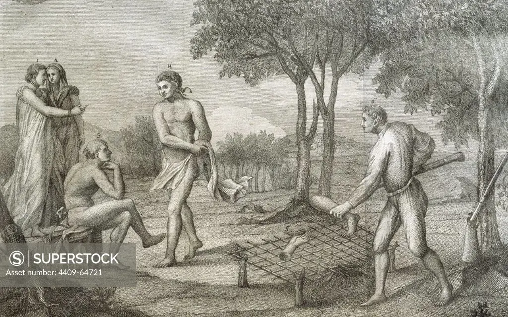 INDIGENAS. Indios de la tribu de los MAIPURI habitantes del Alto Orinoco asando las extremidades de un enemigo muerto. Grabado italiano del año 1781.