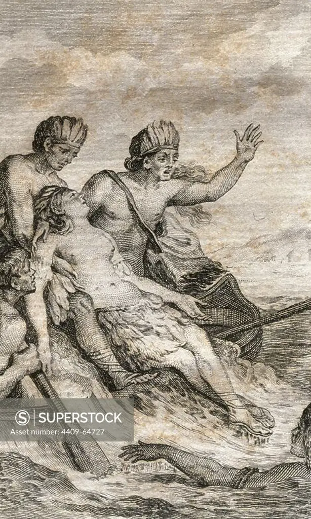 Inca Empire. Death of Amazili. His brother, the chief Orozimbo, and her lover Telasco take her from the sea after killing herself. Engraving, 1820.