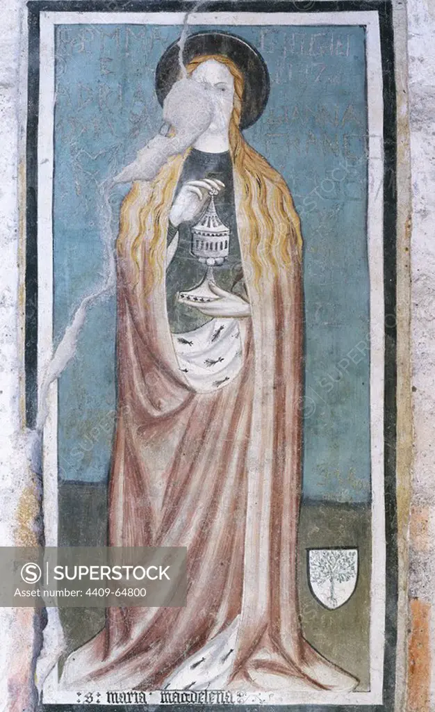 Mary Magdalene or Mary of Magdala. Jewish woman who traveled with Jesus as one of his followers. She is said to have witnessed Jesus' crucifixion and resurrection. The Magdalene with a box of ointment in her hands. Fresco. 15th century. St. Mary Chapel. Benedictine Abbey of Novalesa. Turin. Italy.