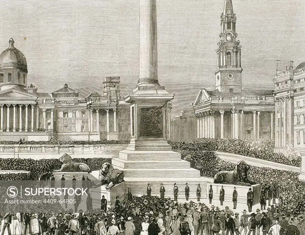 Meeting of workers unemployed in Trafalgar Square. London. United Kingdom. 1886. Engraving.