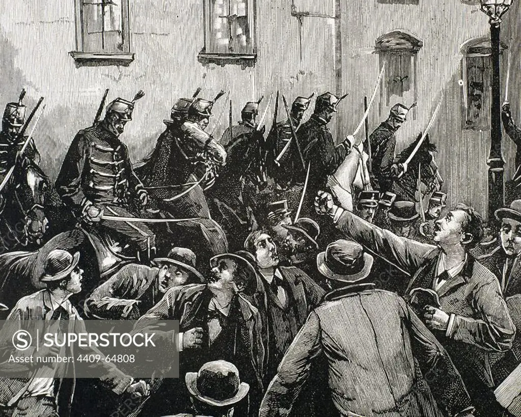 Austria. Vienna. Labour movement. Charge of Austrian hussars against the strikers mutineersin the neighborhood of New-Lerchenfeld, April 8, 1890. Engraving.