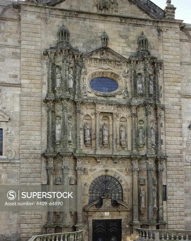 Spain, Galicia, A Coruña province, Santiago de Compostela. Church of San Martín Pinario. Its construction began in 1590, as planned by the architect Mateo Lopez. General view of the Plateresque facade of the temple, which is part of the homonymous monastery.
