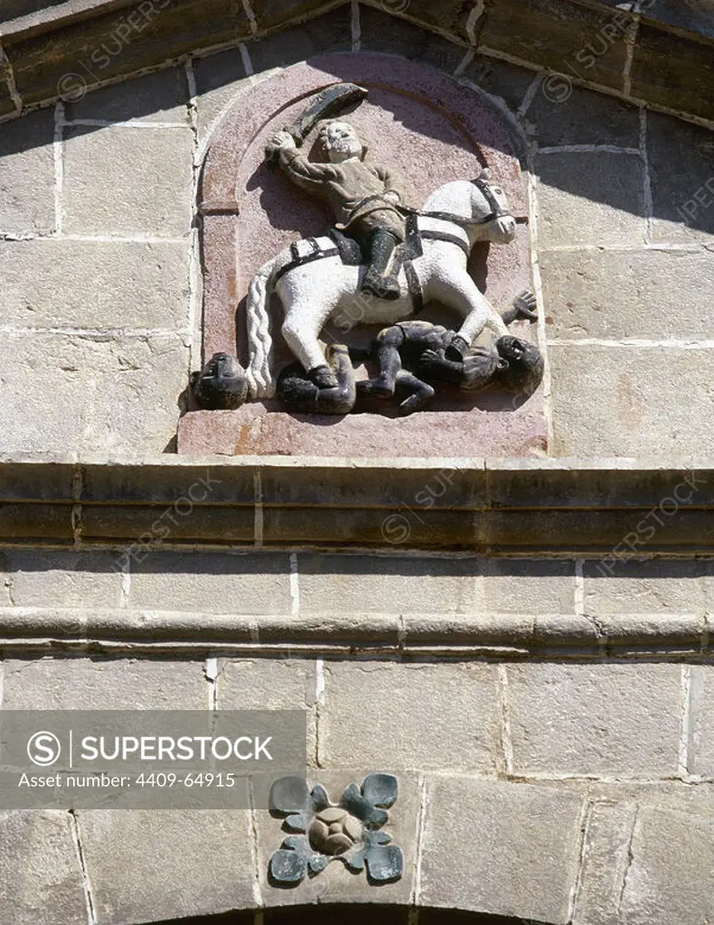 Spain, Basque Country, province of Biscay, Zeberio (Ceberio). Saint James the Moor-slayer (Santiago Matamoros) on horseback victorious over the infidels. Sculpture in the tympanum of the Chapel of Saint Anthony of Padua.