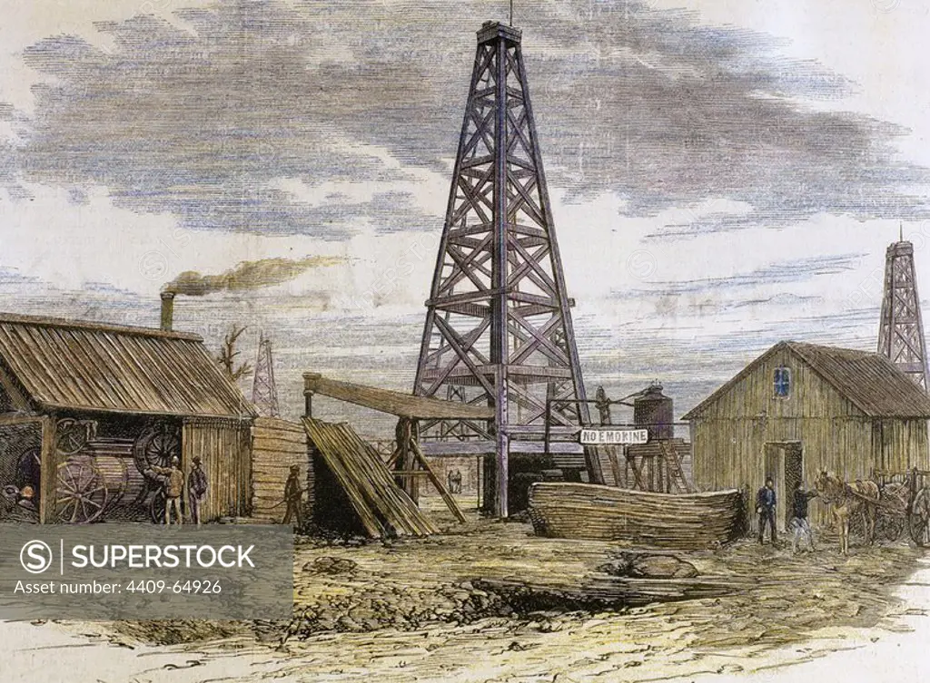 USA. 19th century. Oil well in the Oil-Creek Valley. Colored engraving. "The Spanish and American Illustration," 1872.