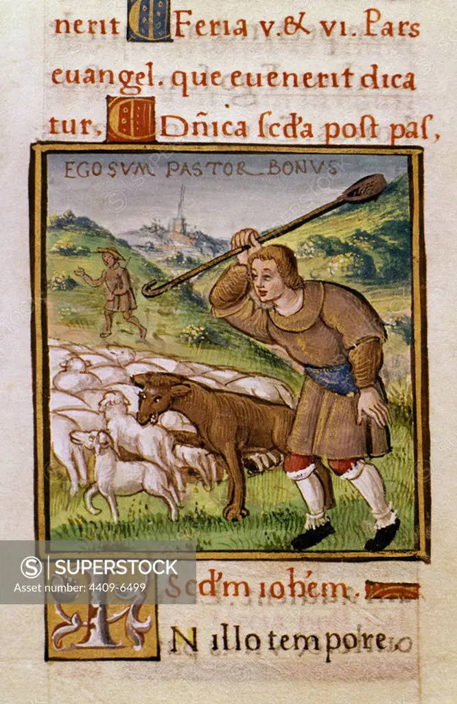 Evangelistary. The Good Shepherd, the Wolves and the Flock. Madrid, National Library. Location: BIBLIOTECA NACIONAL-COLECCION. MADRID. SPAIN.