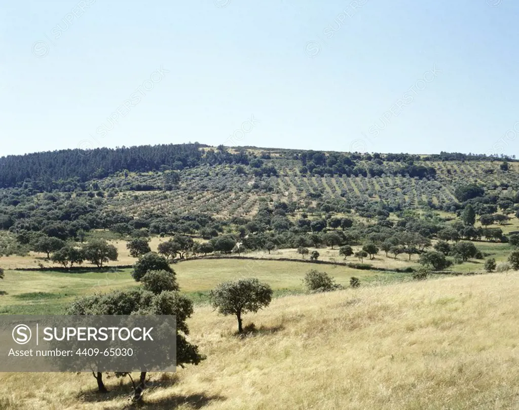 EXTREMADURA. Panorámica del paisaje de la COMARCA DE LA SIBERIA en los alrededores de la localidad de Fuenlabrada de los Montes. Provincia de Badajoz. España.