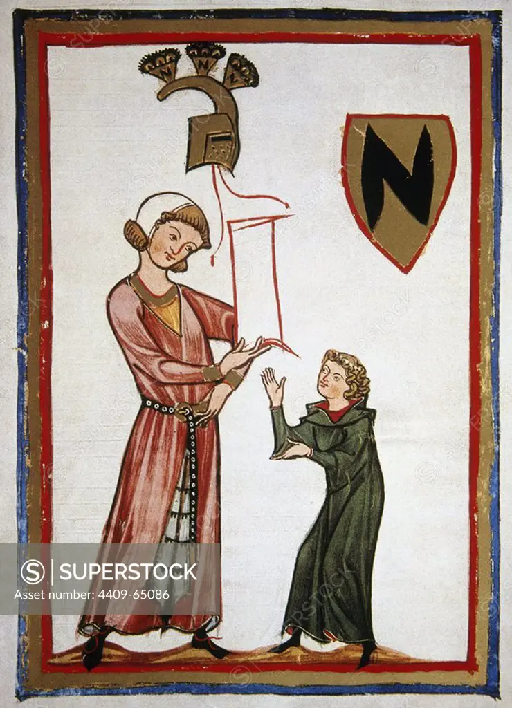 Ulrich von Winterstetten (1225-1280), also known as Ulrich von Winterstetten-Schmalegg, was a German medieval writer and singer. Miniature depicting Ulrich delivering a poem to a messenger for his beloved. 84v miniature, Codex Manesse. 1304-1340. Produced in Zurich, for Manesse family. Middle High Germany. Heidelberg University, Germany.
