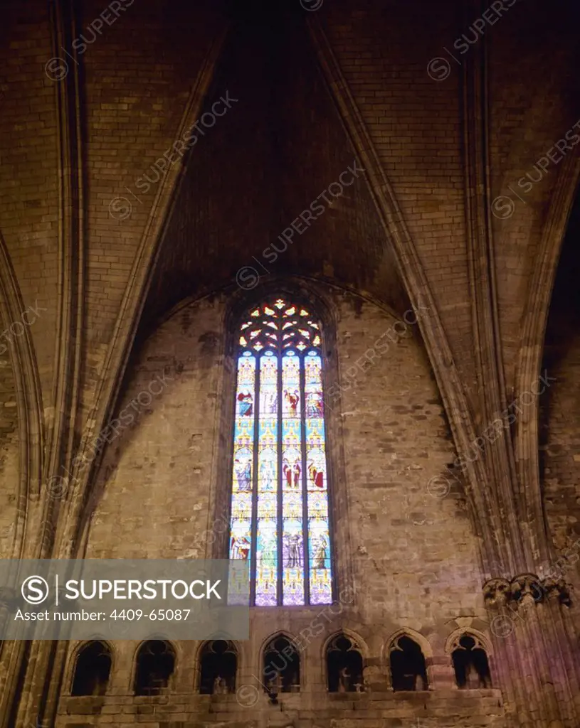 ARTE GOTICO. ESPAÑA. SIGLOS XIV-XV. CATEDRAL DE GIRONA. Detalle de una de las vidrieras de la única nave, la más grande del gótico europeo, construida en distintas etapas, 1357, 1386 y 1417, al igual que la cubierta, realizada en tres etapas. Cataluña.