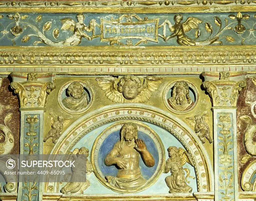 Spain, Galicia, Province of La Corua, Santiago de Compostela. The Cathedral. Chapel of the Saviour or Chapel of France. Plateresque altarpiece in polychrome marble, donated by the archbishop of Compostela Alonso III de Fonseca. Work of the artist Juan de Alava (1480-1537), 1532. Way of St. James.