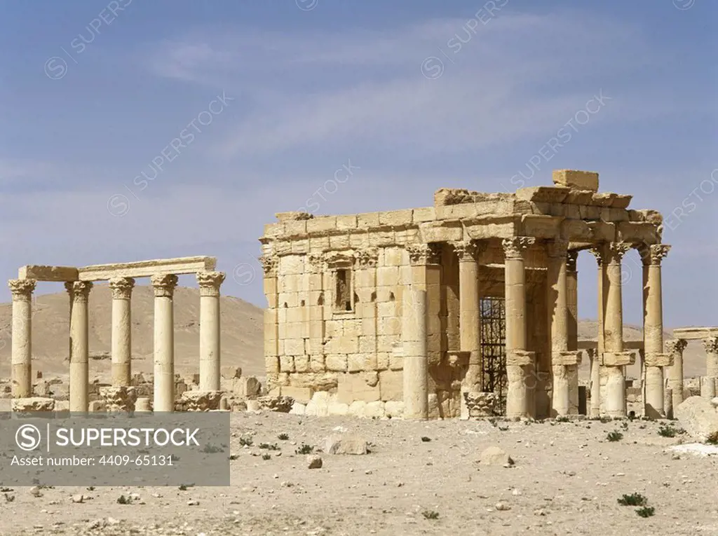 Syria. Palmyra. Temple of Baalshamin, dedicated to the Canaanite sky deity Baalshamin. The temple's earliest phase dates to the late 2nd century BC. The temple was substantially rebuilt in 131 AD. In the 5th century AD was converted to a church. It was demolished in 2015 by the Islamic State during the Syrian civil war.